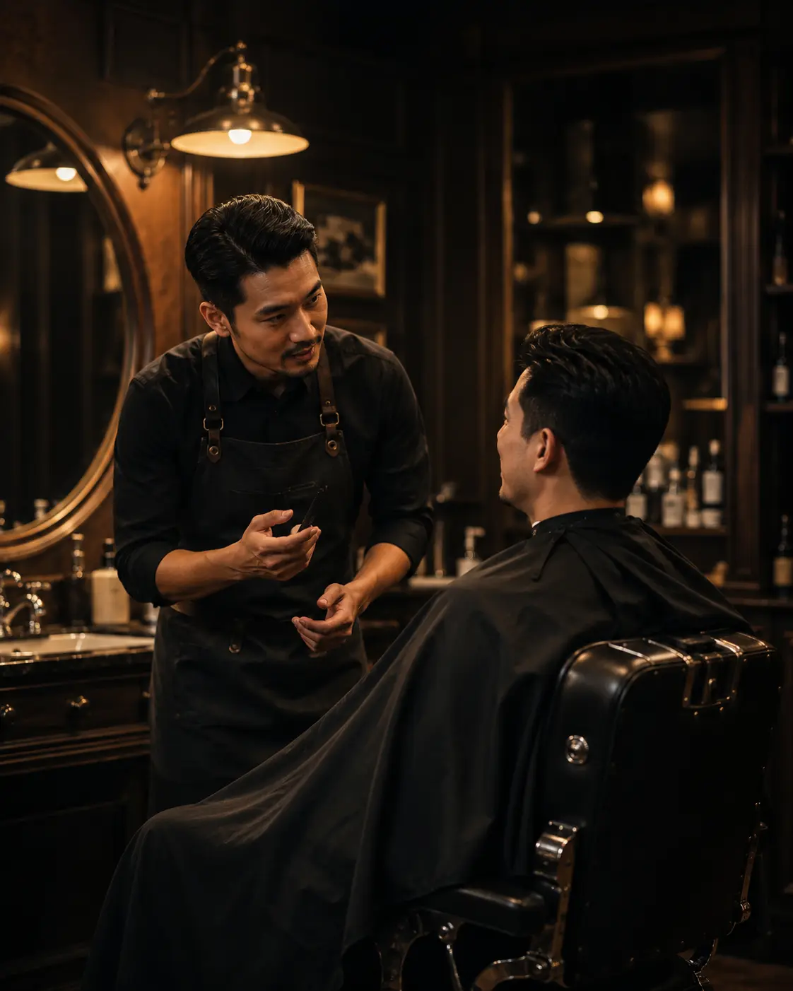 Barber berkonsultasi dengan pelanggan sebelum mulai memotong rambut