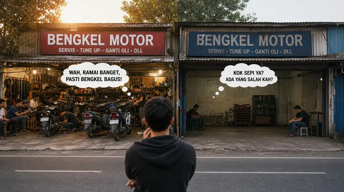Dua bengkel motor bersebelahan, satu ramai satu sepi