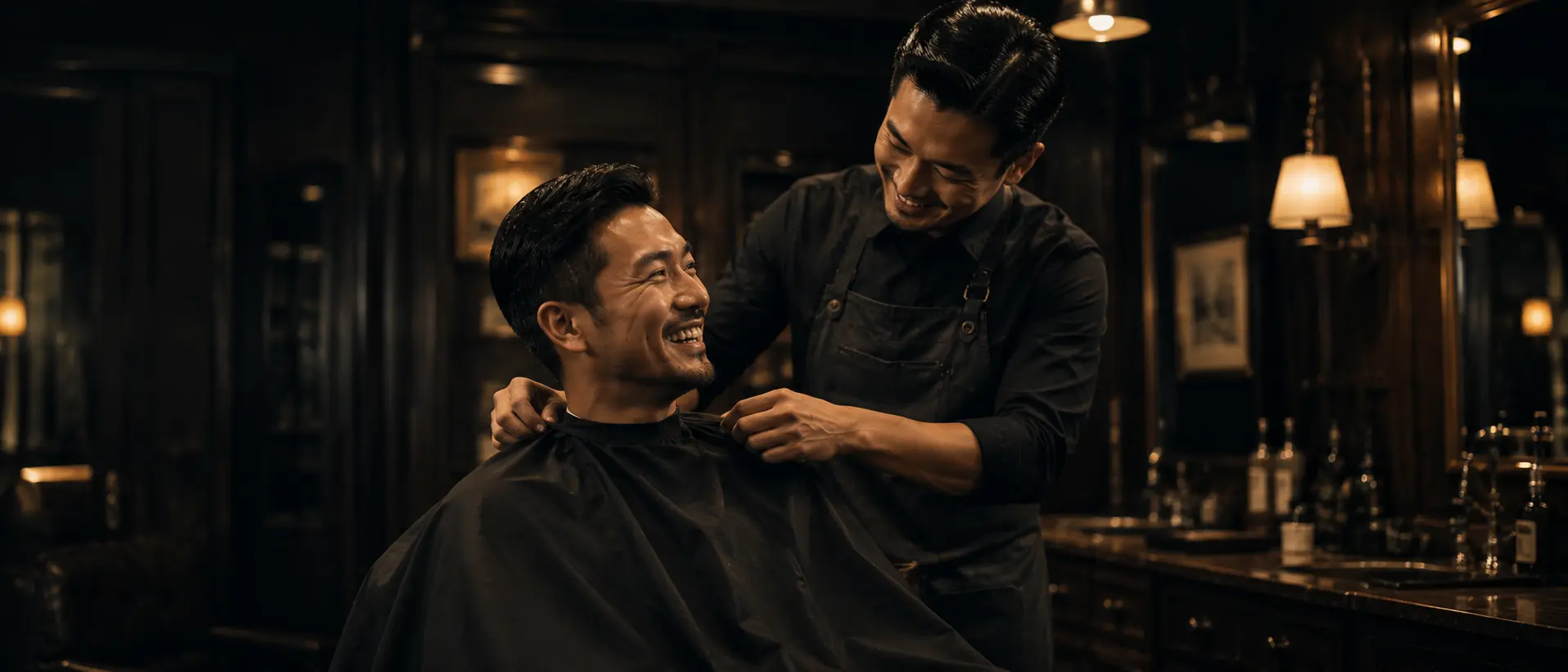 Momen hangat kepercayaan antara barber dan pelanggan di kursi barbershop