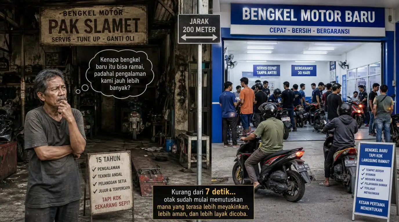 Bengkel lama berpengalaman 15 tahun dibandingkan bengkel baru yang langsung ramai