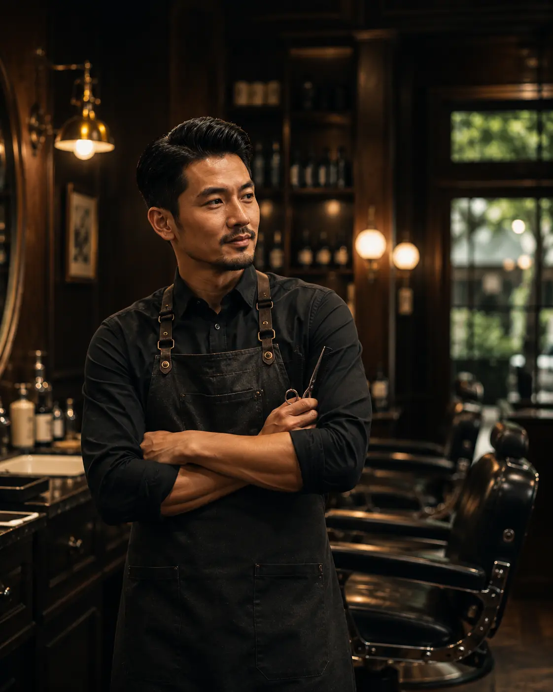 Pemilik barbershop berdiri percaya diri di barbershop miliknya