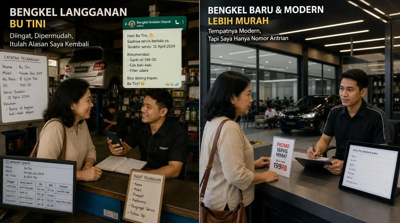 Pelanggan langganan yang dicatat dan diingatkan dibandingkan bengkel modern yang memperlakukan pelanggan sekadar nomor antrian