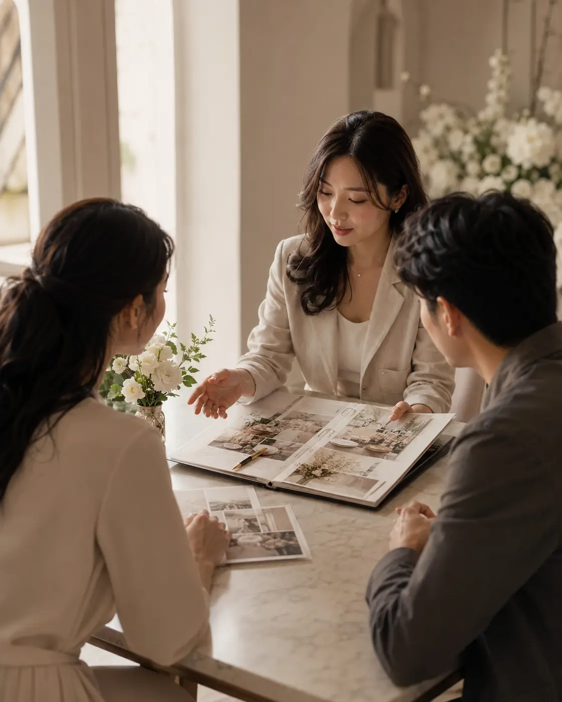 Wedding organizer berkonsultasi dengan calon pengantin membahas konsep pernikahan
